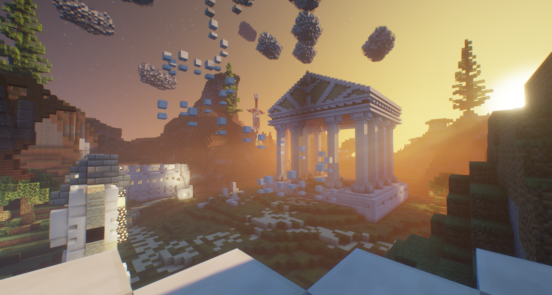 Spawn — temple de style grec au coucher du soleil